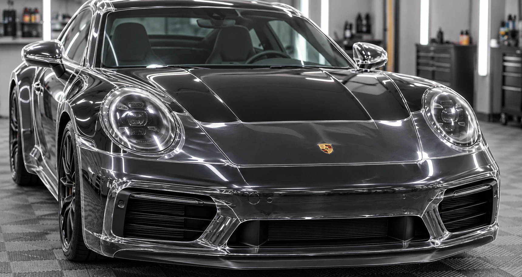 Porsche سوداء مغطاة بحماية PPF شفافة لكامل الهيكل