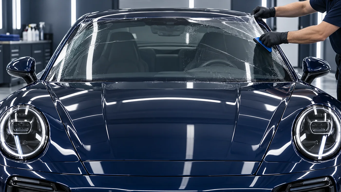 تركيب طبقة حماية شفافة على الزجاج الأمامي لسيارة Porsche